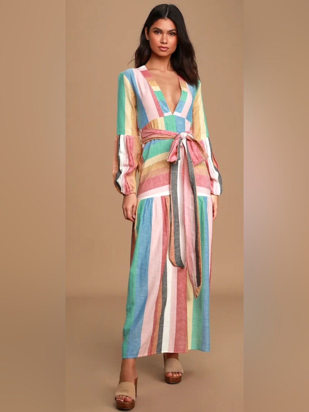 Billabong x Sincerely Jules Striped V-Neck Tie-Waist Maxi Dress